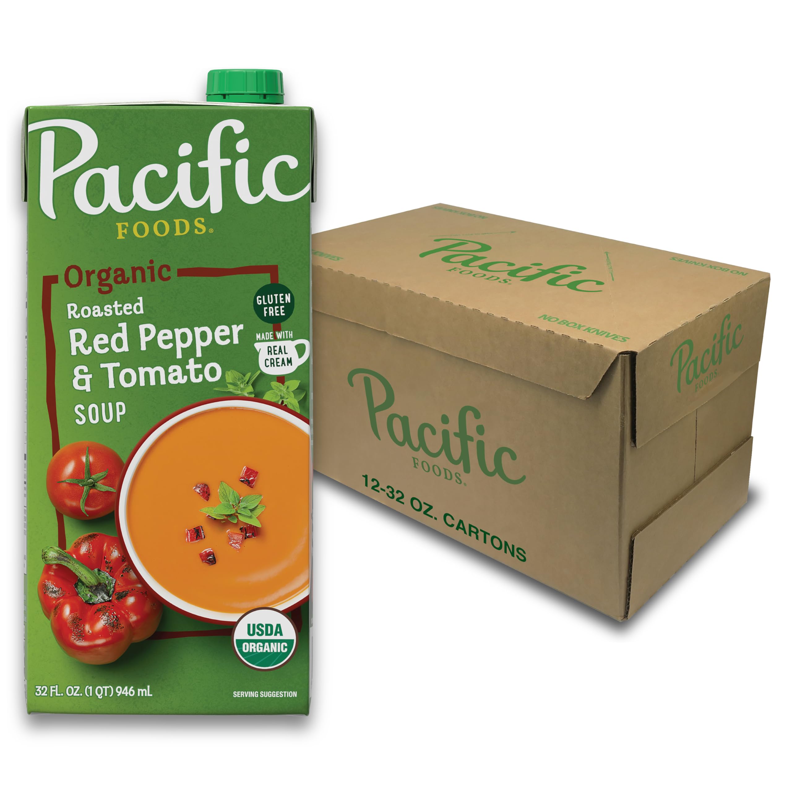 Pacific Foods Organic Roasted Red Pepper and Tomato Soup, 32 oz Carton (Pack of 12)