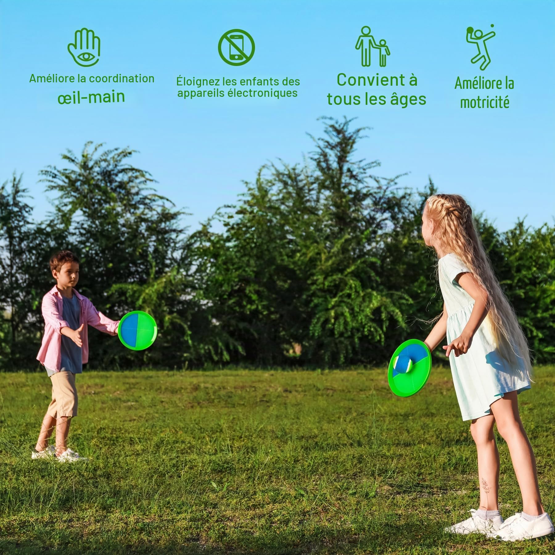 INPODAK Enfants Lancer Catch Ball Jouet Jeu de Balle avec Raquettes pour Enfants 3-12 Ans Jeu Ensemble avec 4 Raquettes 4 Balles et 1 Sac de Rangement Raquette de Plage pour Jardin Piscine Plage