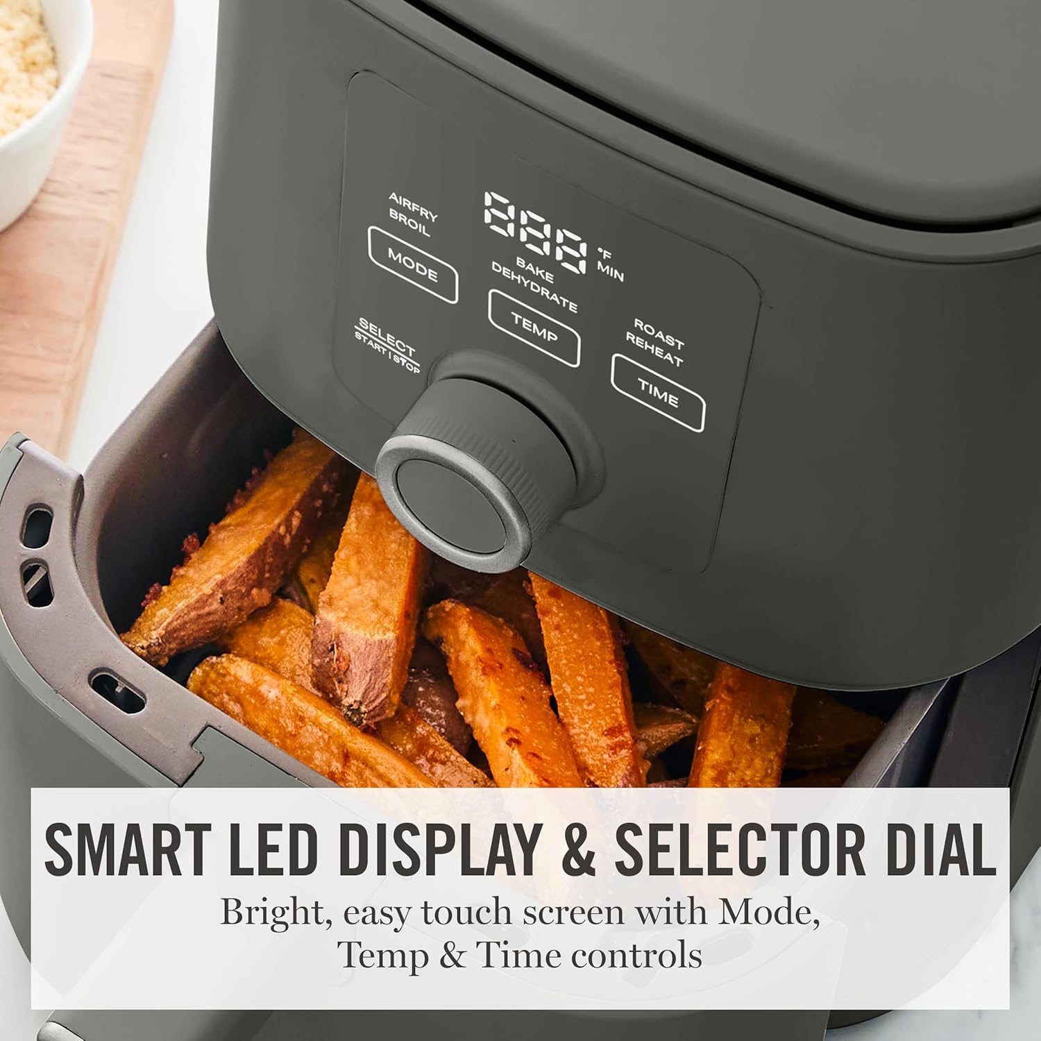 Martha Stewart 6QT Air Fryer, 6-in-1, Bake, Broil, Roast, Air Fry, Dehydrate, Reheat, Ceramic Non-Stick Basket, Crispy Results Fast, 400°F Max Temp, Shake Reminder, Auto Shut-Off, Caviar Gray