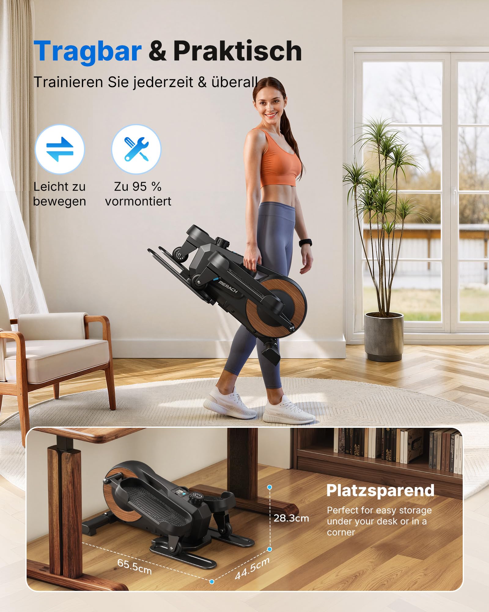 MERACH Mini Ellipsentrainer Untertisch für Zuhause & Homeoffice, Beintrainer im Sitzen, Pedaltrainer unter dem Schreibtisch, Leise & Tragbar mit 8 Widerstandsstufen, LCD-Display, Große Pedale