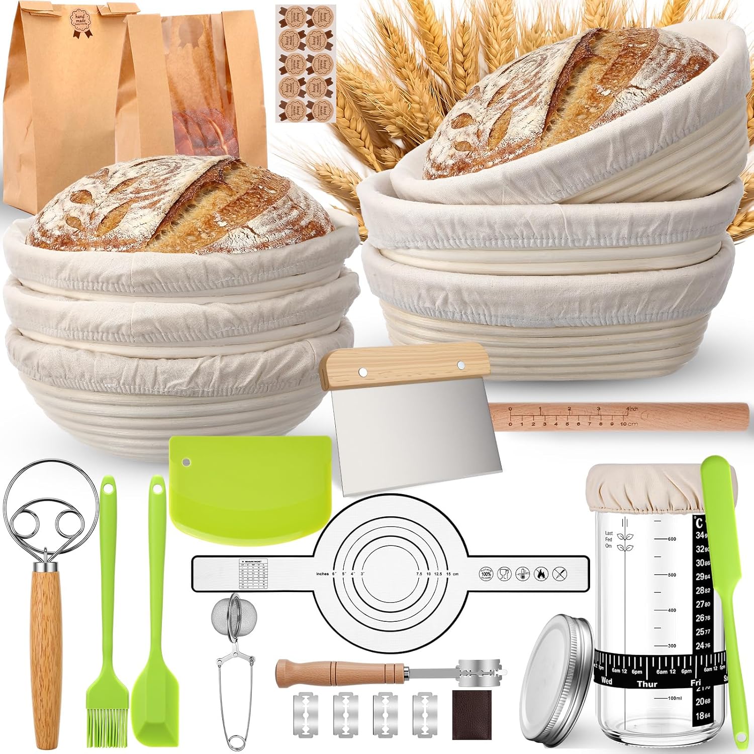 Nitial Sourdough Starter Kit,3 x 9" Round and 3 x 10" Oval Banneton Proofing Basket Bread Baking Supplies Sourdough Kit Tools 24 oz Glass Starter Jar for Baker Women Wife