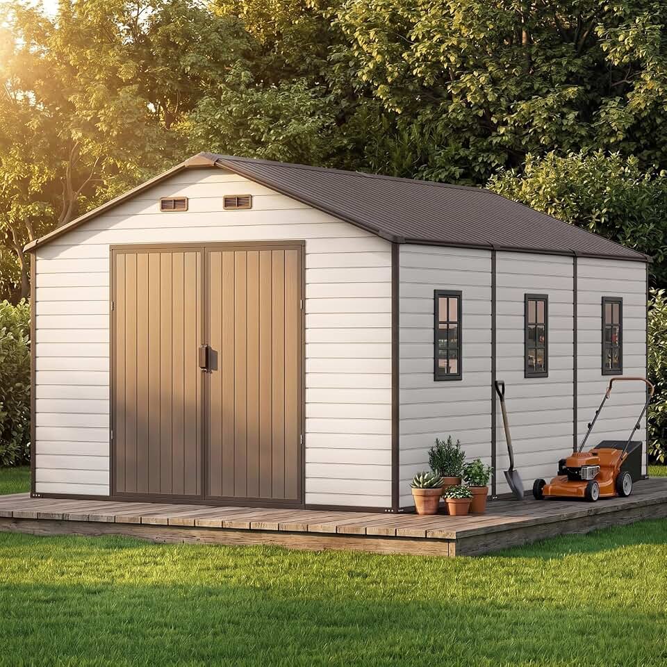 10x13.5 FT Resin Storage Sheds with Floor Unique Openable Windows Double Lockable Door, Large Outdoor Waterproof Plastic Garden Sheds for Backyard Patio Lawn Big Tools Storage, Beige&Coffee