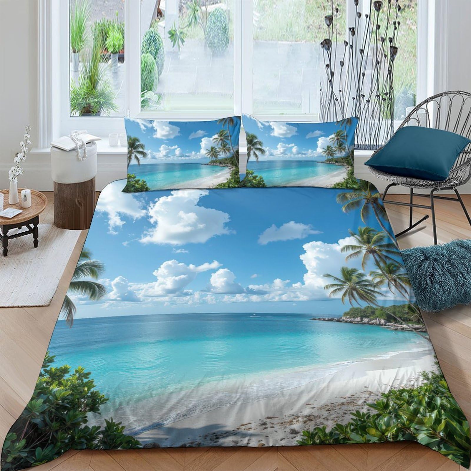 Ctjqhvkz Style-10 3D Printed Ocean Beach Fitted Sheet Microfiber Blue Tropical Palm Mattress Cover For Bedroom Guest Room Decor Single（135X200cm）