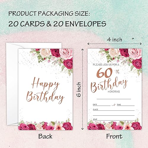 Miniatura 2 de TFCIATE B013 - Tarjetas de invitación para fiesta de cumpleaños número 60, 20 invitaciones de doble cara con sobres, color oro rosa rubor de 60 años