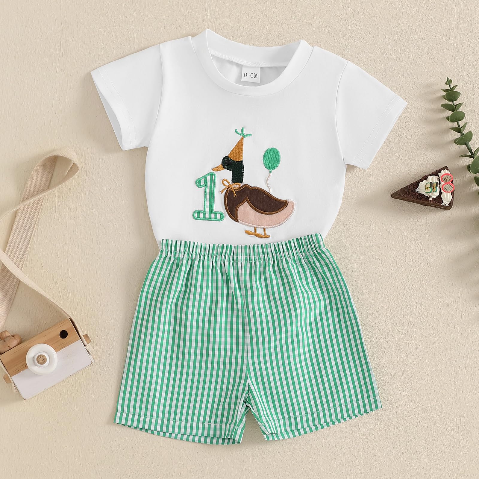 Sasaerucure Baby Boy First Birthday Clothes One Year Old Boy Outfit Short Sleeve Mallard Duck Shirts + Plaid Shorts Set (Green, 12-18 Months)