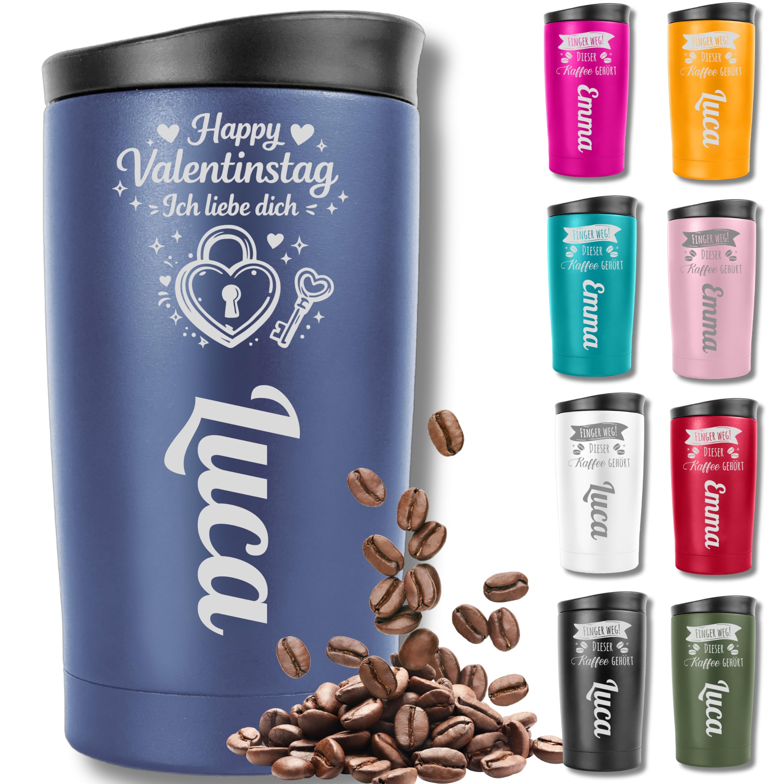 KUINEA Thermobecher personalisiert mit Gravur – Valentinstag für ihn & sie – personalisierte Geschenke für Partner – Coffee To Go Becher Edelstahl 350 ml, auslaufsicher, wiederverwendbar blau