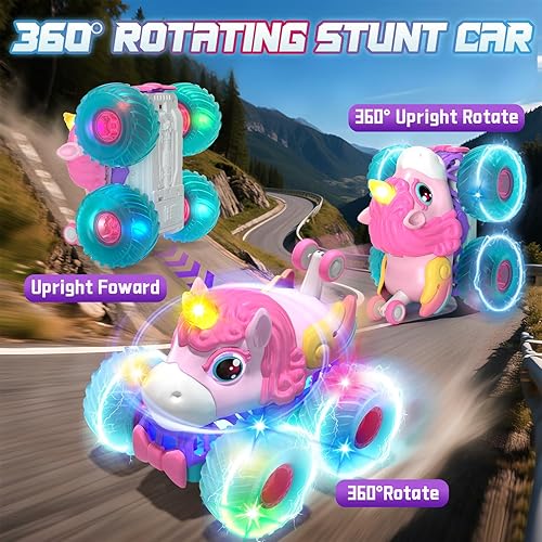 Miniatura 2 de Lehoo Castle Auto a control remoto para niñas con rotación de 360, camión monstruo unicornio con luz y música, 4WD todo terreno RC Stunt Car