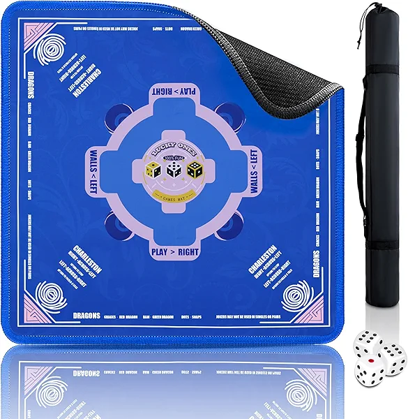 Mahjong Mat (33"x33") Noise Reduction Non-Slip, American Mahjong Mat for Table with 3 Dice & Carrying Bag, Waterproof Surface Mah Jongg Mats for Poker, Card, Dominoes, Board & Tile Games (Blue)
