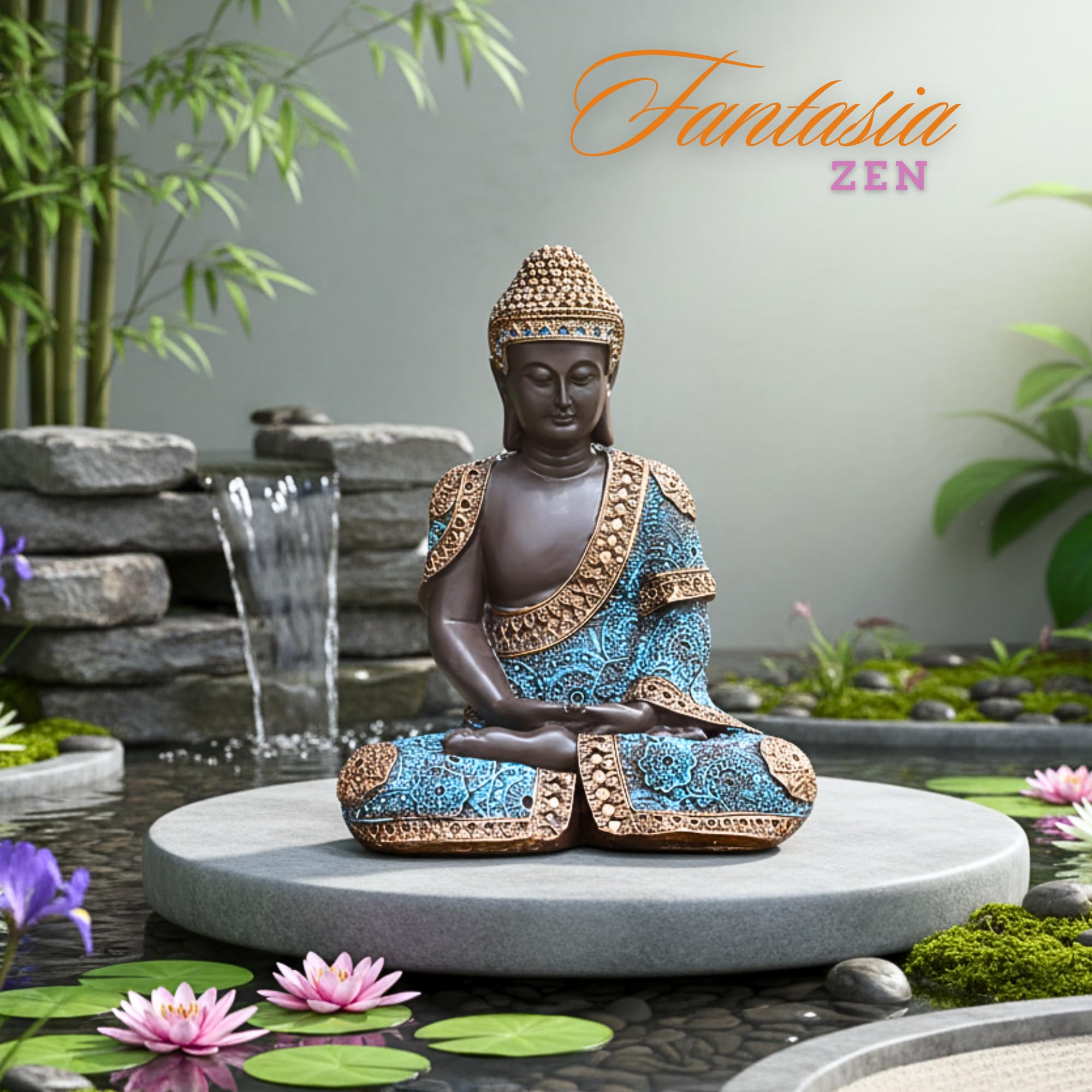 Buda de la Suerte, 41 cm (Celeste) – Budas Decorativos Grandes de Piedra Artificial para Decoracion Jardin Exterior, Figuras Jardin Exterior y Estatuas Decorativas Grandes.