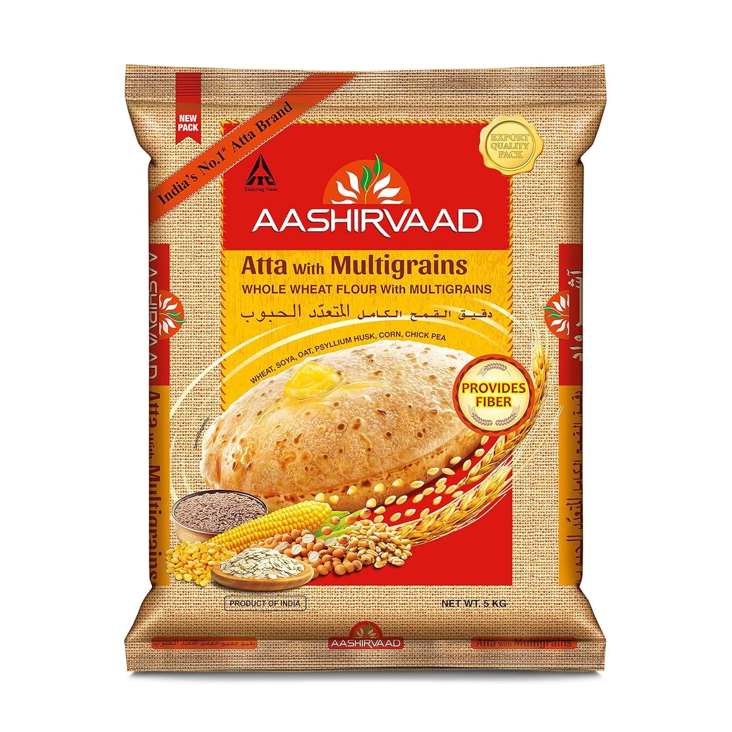 Kajal Aashirvaad Atta with Multigrain Flour 5 kg Pack - Shudh Chakki Atta High-Fibre Wheat Flour with Soy Channa Oats Corn and Psyllium Husks