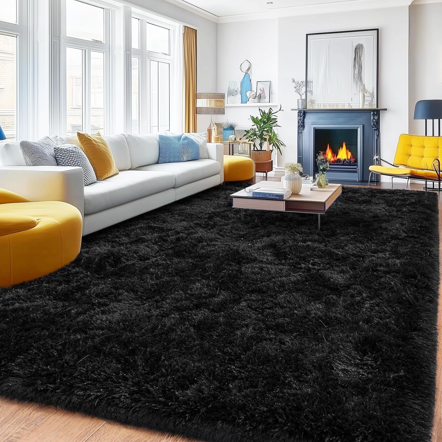 black area rugs 8x10 for living room, large shag plush rug bedroom carpet, non-slip modern fluffy indoor floor rug for kids room dorm nursery home decor aesthetic 8' x 10' (rectangular) black