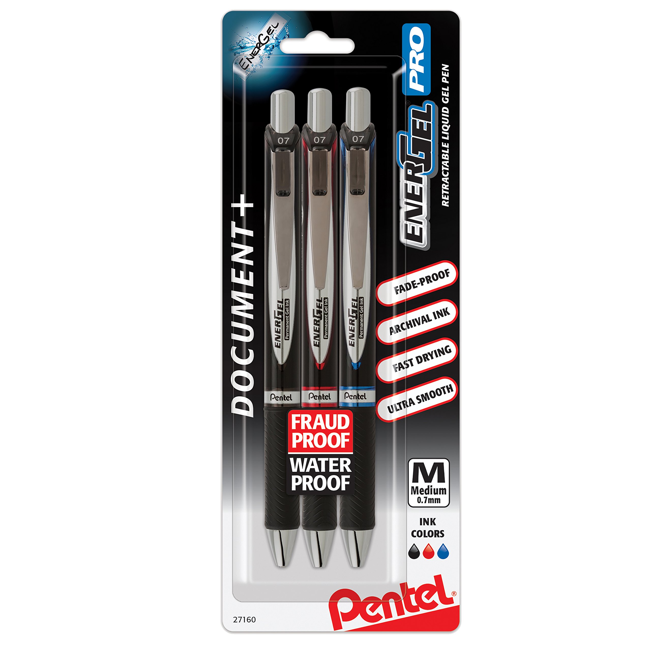 Pentel EnerGel Pro Permanent Gel Ink Pen, (0.7mm) Assorted Colors, 3 Pack (BLP77BP3M), black/red/blue