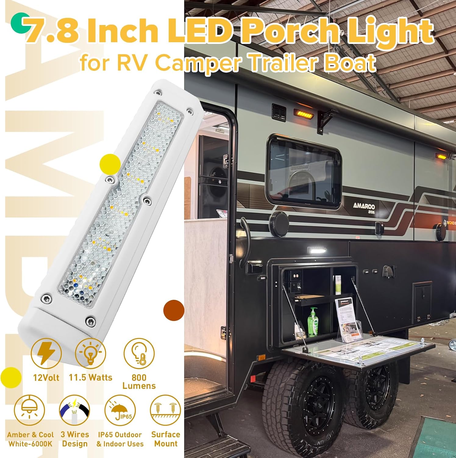 ISWITCH RV Porch Light 12 Volt LED Amber White RV Light 7.8 Inch Aluminum Waterproof | Exterior Lighting 800 Lumens 6000K Cool White Scene Cargo Lights Surface Mount for RV Camper Trailer Truck Boat, 1-Pack