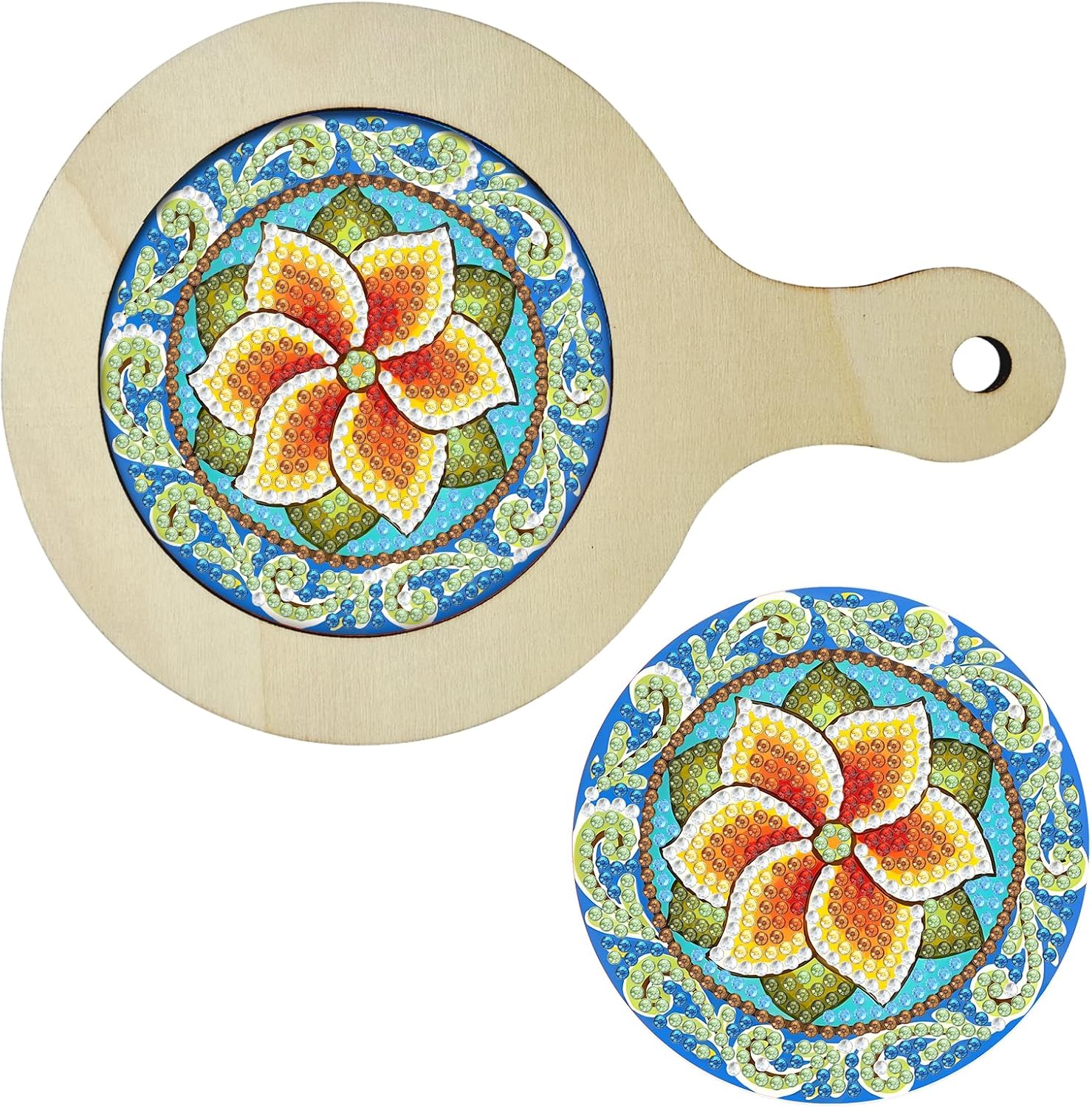 ARTopet DIY Diamond Handheld Round Placemat Diamond Art Painting Creative Design Wooden Panel Tea Mat Handle Kitchen Place mats Craft Supplies for Home Organizer-Mandala02