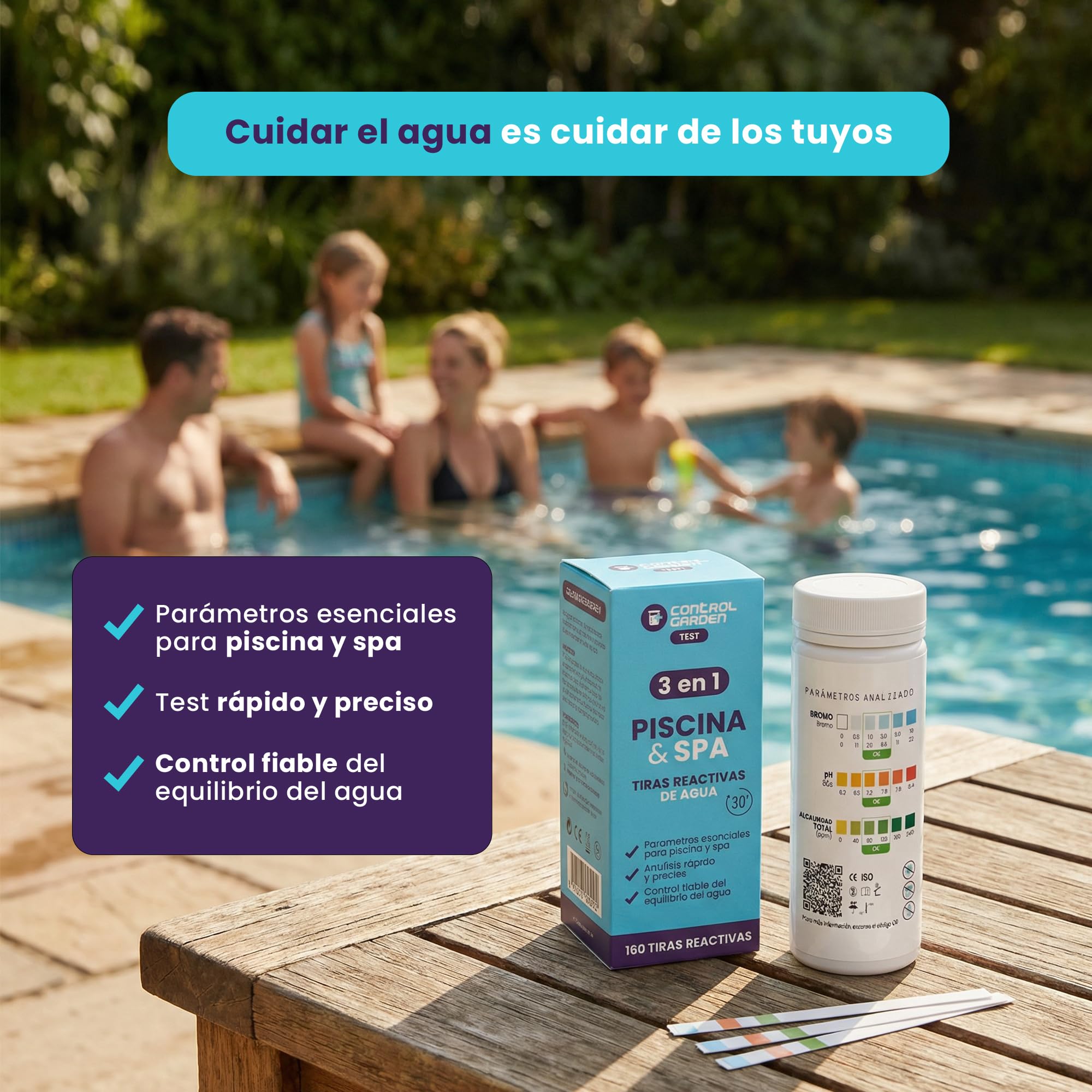 CONTROL GARDEN 160 bandelettes de test pH 3 en 1 | Test pour piscine et spa | Testeur de pH, brome et alcalinité totale de l'eau de baignade | Analyse rapide en 30 secondes | Contrôle précis