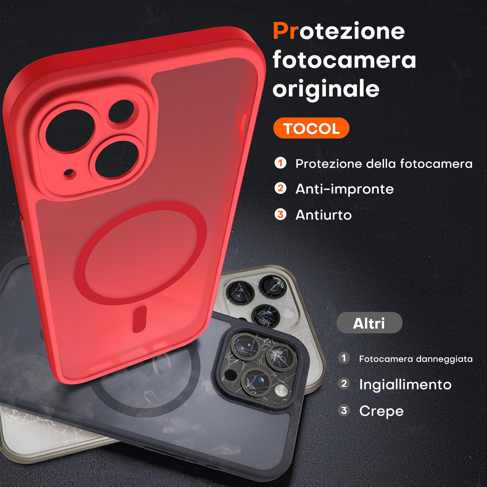 TOCOL Cover Magnetica per iPhone 13 6,1 Pollic, Compatibile con MagSafe, Protezione Fotocamera Integrata, Custodia Antiurto Traslucida Opaca, Rosso