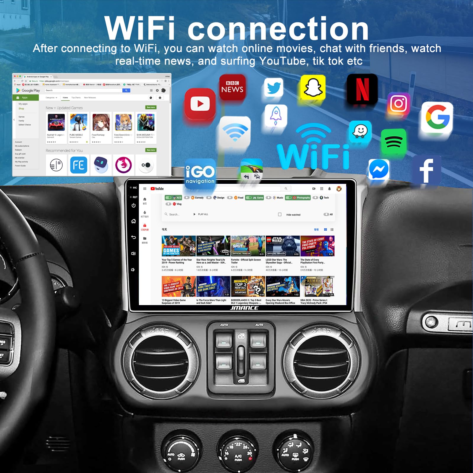 JMANCE Double Din Radio for Jeep Wrangler JK 10.1 inch CarPlay Android Auto in-Dash Navigation GPS Multimedia Player (2+64GB Stereo for Jeep Wrangler 2015-2017)