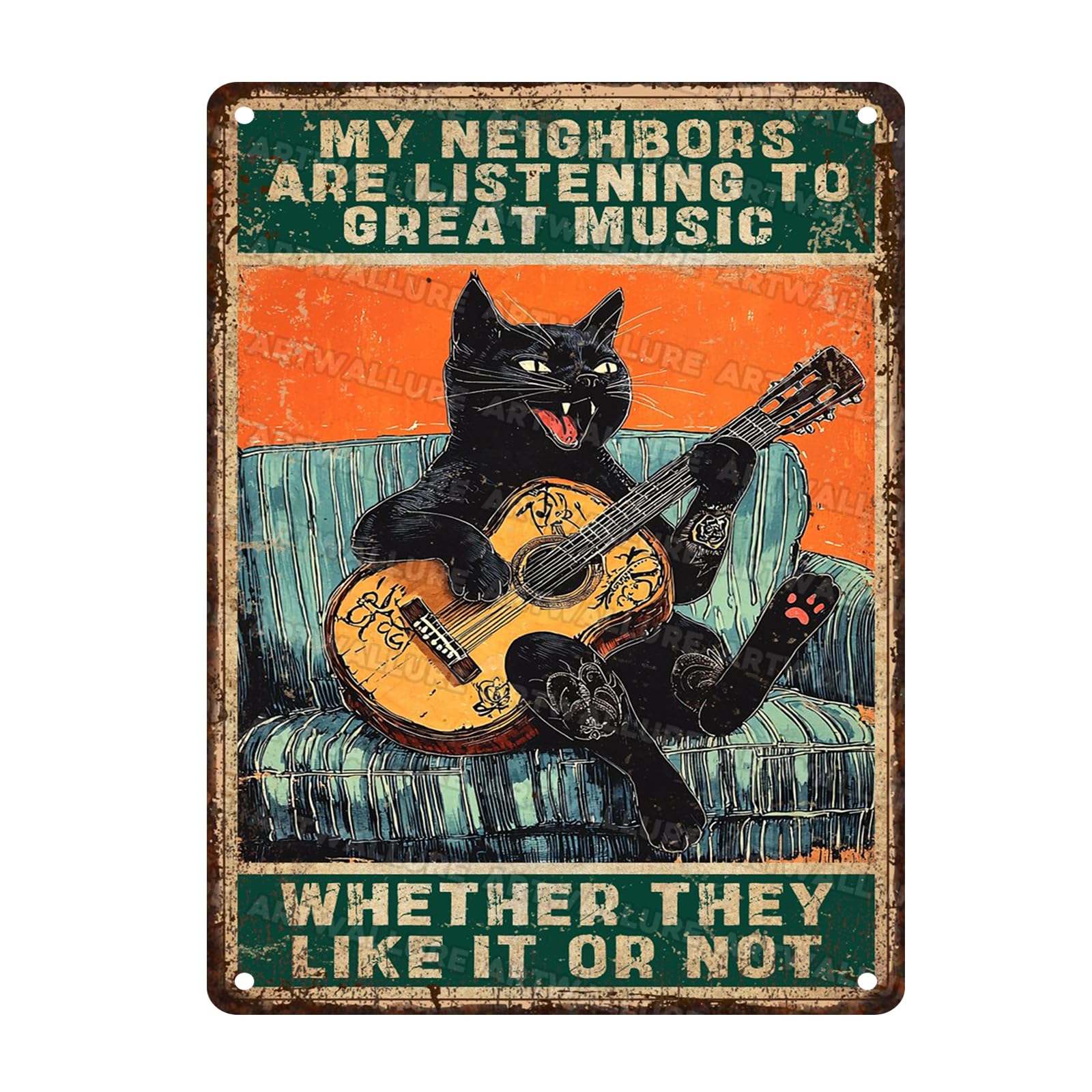 Black Cat Playing Guitar Metal Sign My Neighbors Are Listening To Great Music Vintage Wall Decor for Home Office Cafe Bar 12x16inch
