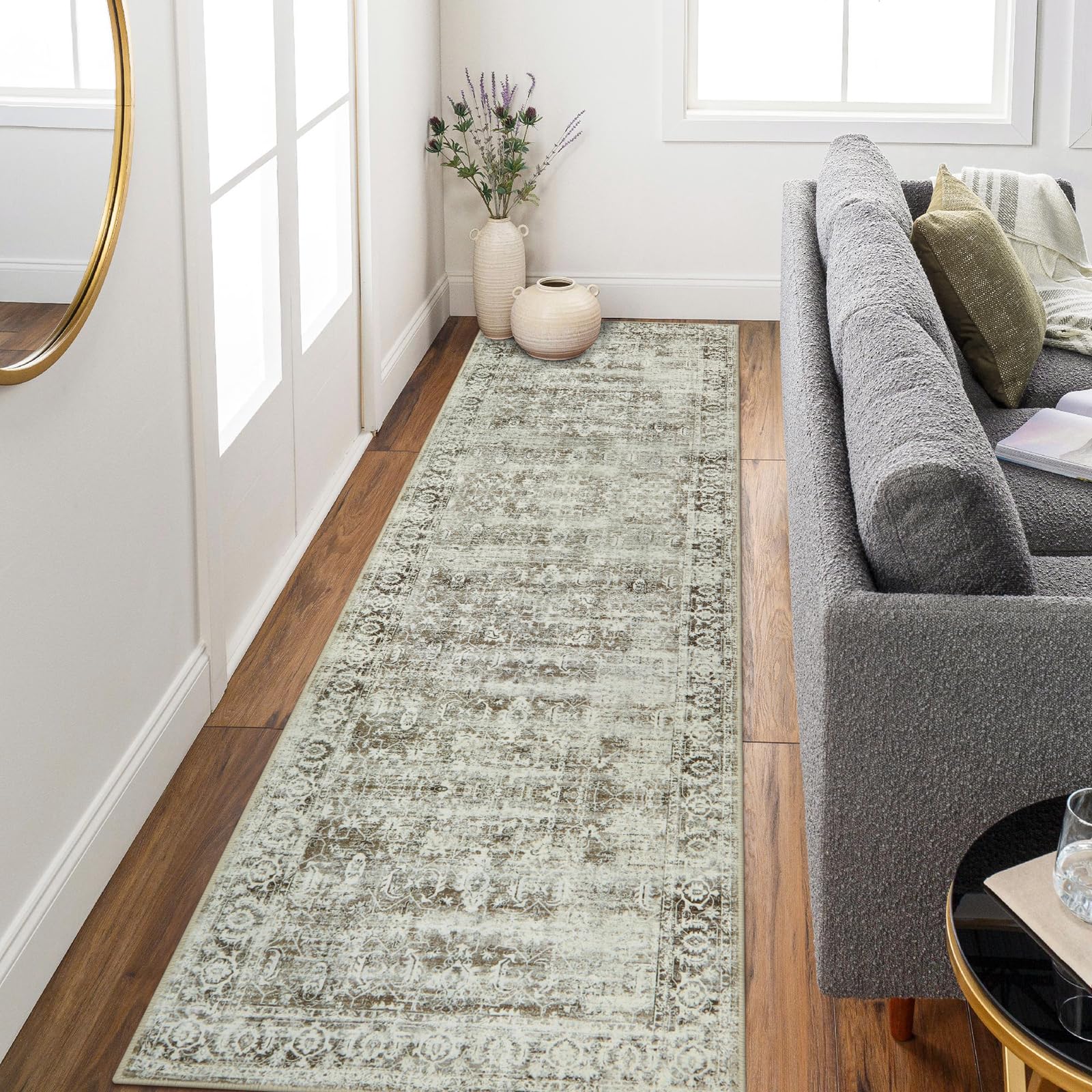 Morebes Vintage Long Bathroom Runner Rug, Washable Entryway Rugs Indoor Non Slip,Soft Distressed Doormat Indoor Entrance Throw Rug Kitchen Sink Mat