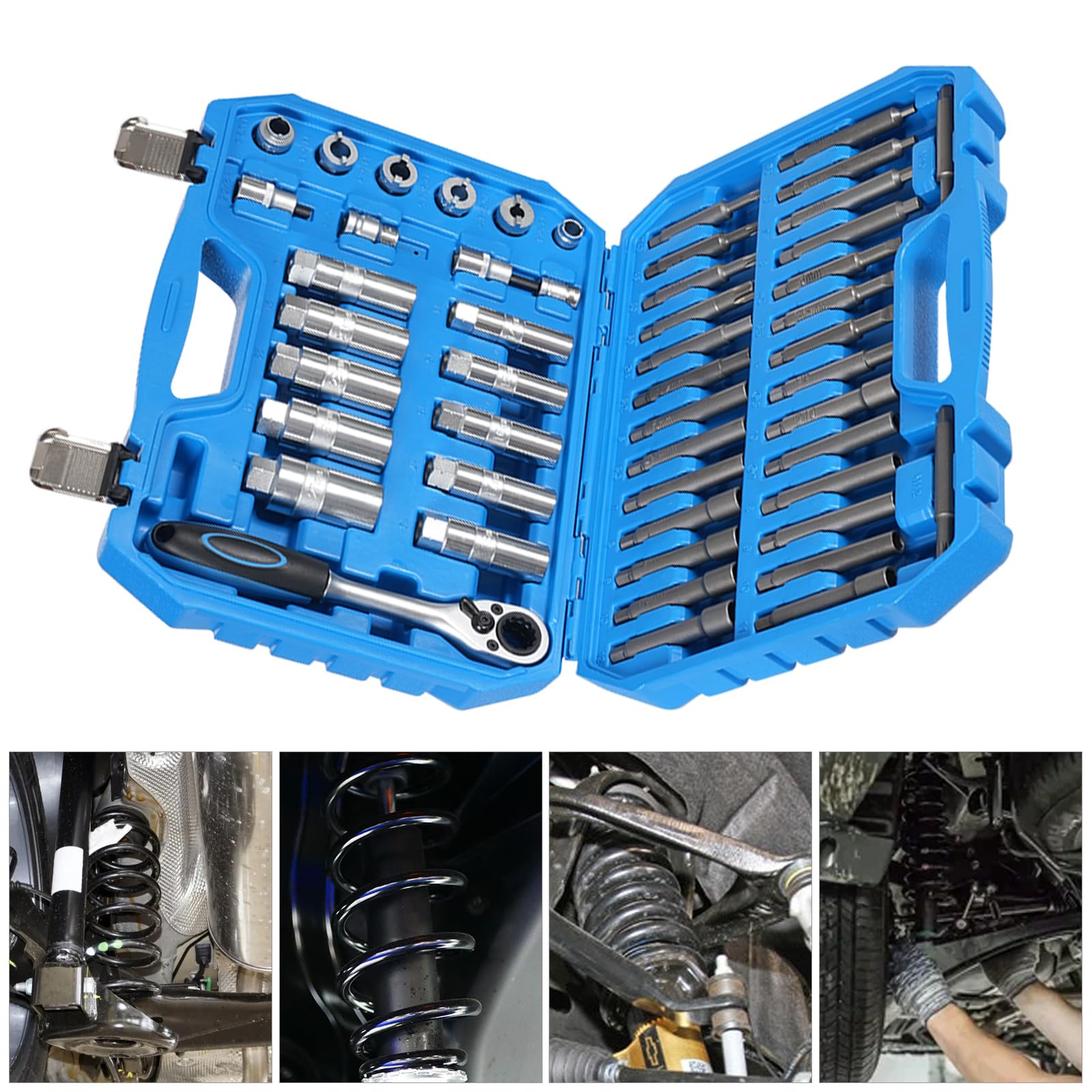 Juego de herramientas de amortiguador, 50 piezas, herramienta de desmontaje de amortiguadores de coche, herramienta de desmontaje de tuerca con adaptadores de trinquete, compatible con una amplia gama