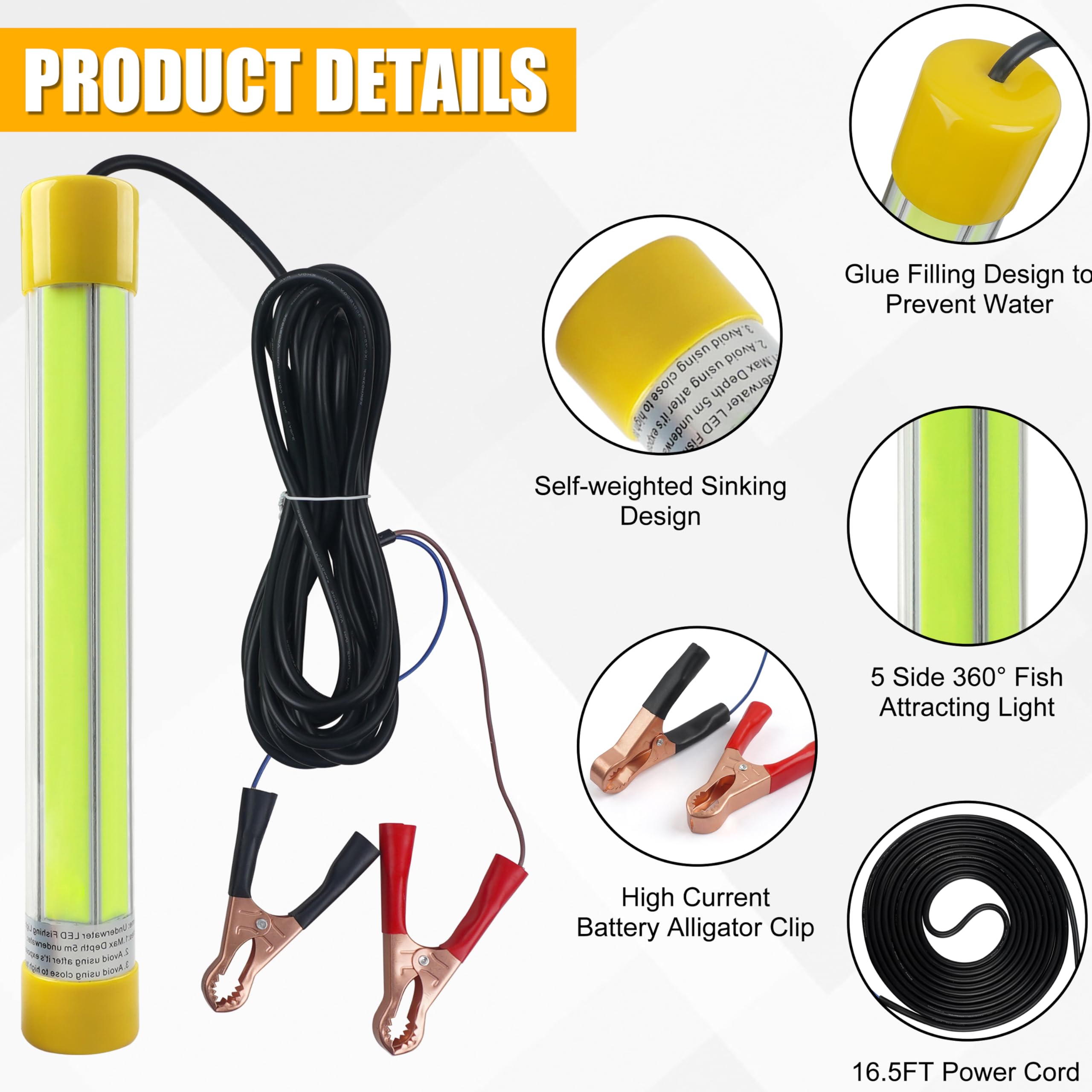 Underwater Fishing Light Super Bright 30000 Lumens 50W 12V 16.5ft Wire LED Submersible Fish Bait Finder Deep Drop Night Fishing Light for Shrimp, Prawns, Squid and Fish Crowd