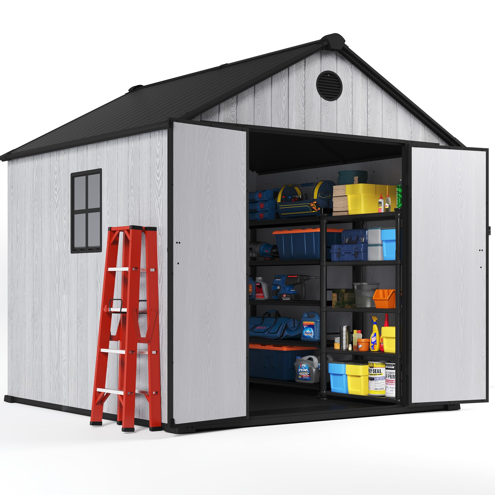 8 x 8 FT Resin Storage Shed Outdoor Storage Shed Storage Sheds Outdoor with Floor, Side Window, Plastic Shed with Lockable Door, Front Rear Vents for Backyard, Garden, Patio (8x8 FT)