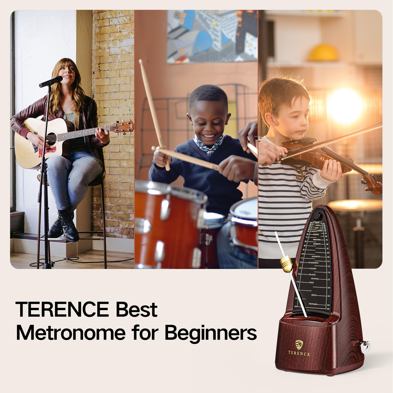 Metrónomo TERENCE Metrónomo mecánico de alta precisión con campana acentuada, tiempo preciso, duradero para piano, violín, batería, bajo, guitarra, adecuado como regalo color nuez