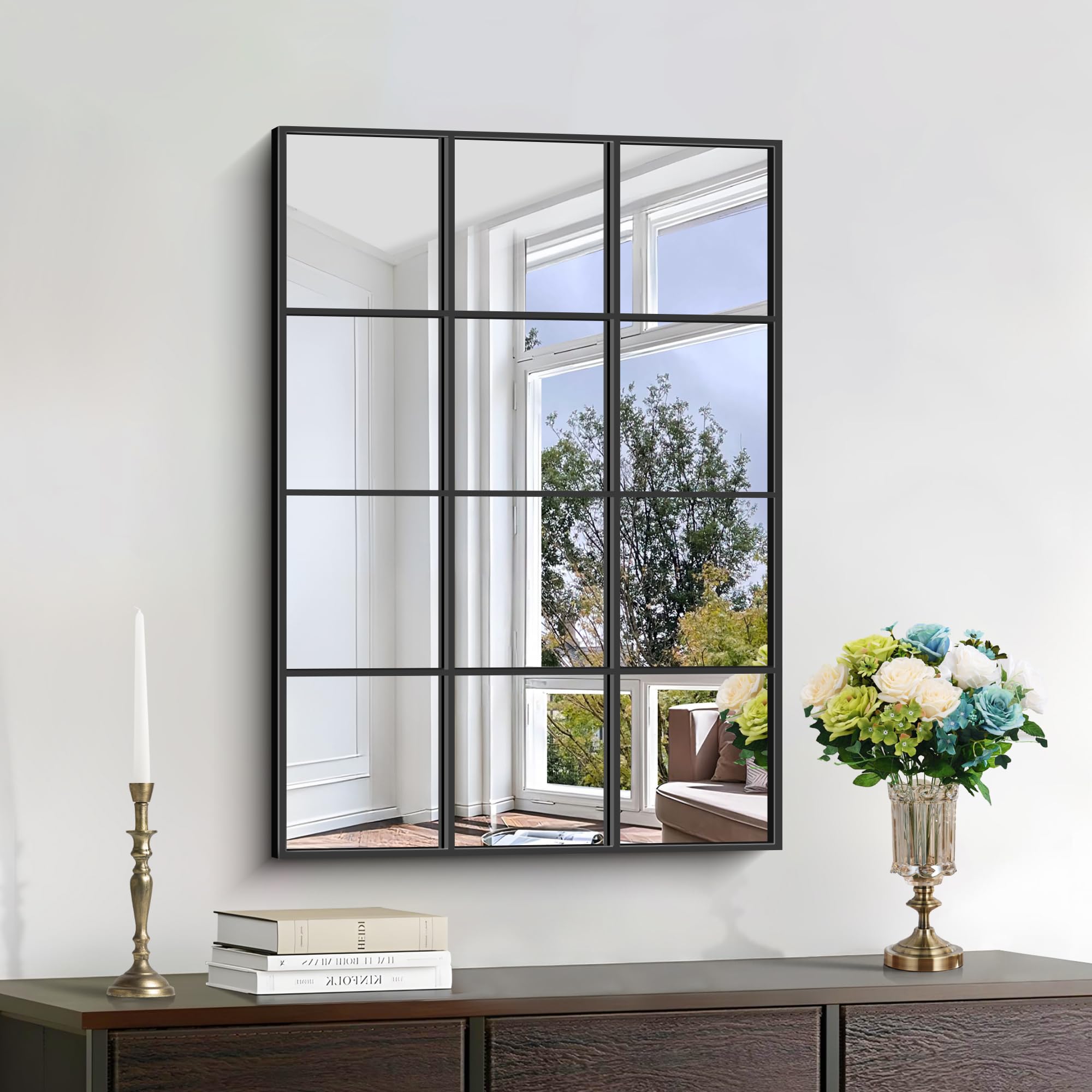 Specchio Decorativo A Finestra Nero – 76x152 Cm – Con Telaio In Metallo, Stile Moderno E Fattoria, Da Parete O Appoggiato, Per Soggiorno E Ingresso