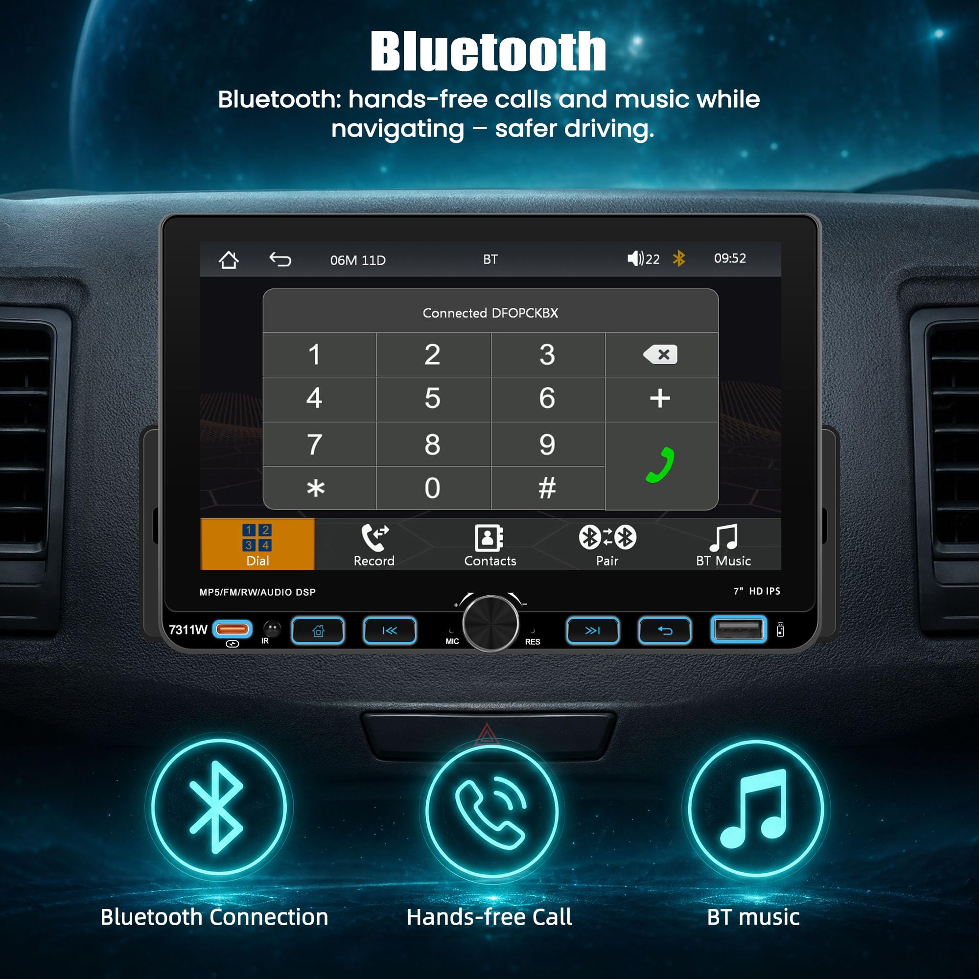 Wireless CARPLAY 1 DIN Autoradio avec Bluetooth Android Auto, 7'' IPS Ecran Tactile Car Play Voiture, 1 Din Bluetooth Radio avec Lien Miroir AM/FM/RDS MP5 USB SWC Rétroéclairage Couleur