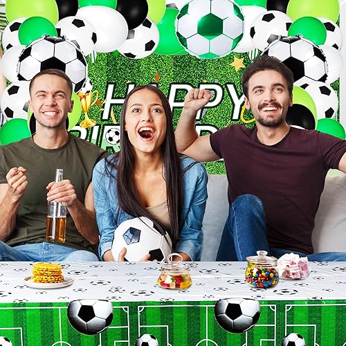 Miniatura 5 de HyDren 122 piezas de suministros para fiesta de cumpleaños con temática de fútbol, decoraciones de fiesta de fútbol, incluye globos de fútbol, telón