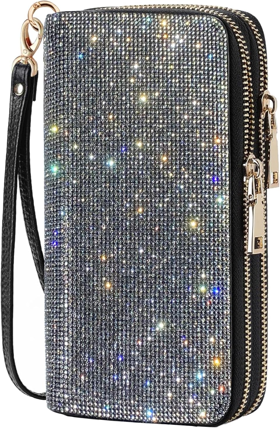 Women's Rhinestone Large Capacity Double Zipper Wristlet Clutch Purse Party Wallet Card Phone Holder