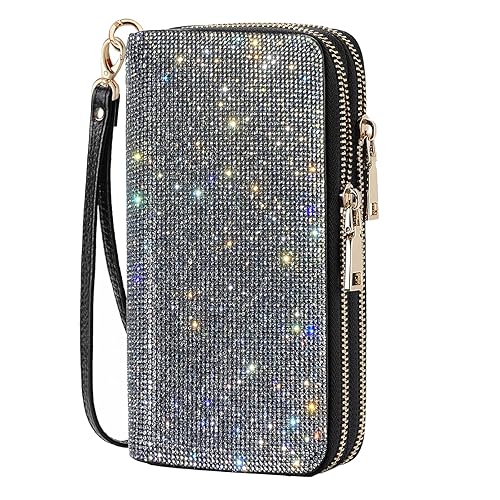 Women's Rhinestone Large Capacity Double Zipper Wristlet Clutch Purse Party