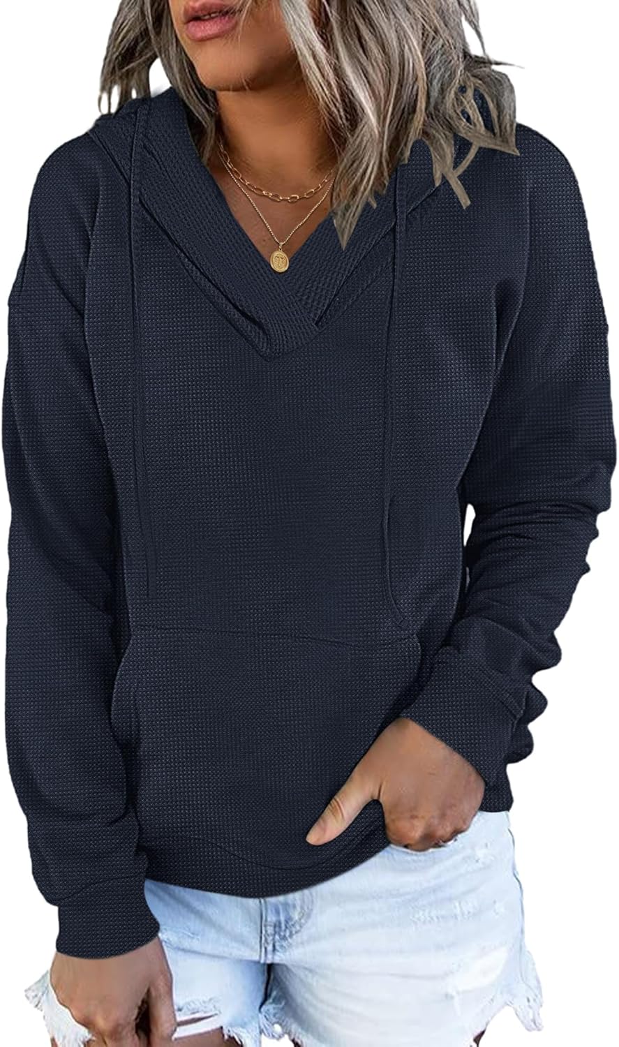 AUSELILY Womens Waffle Hoodies Sweatshirt Fall Long Sleeve Loose Side Slits Stacked V Neck Tops With Pockets 2026