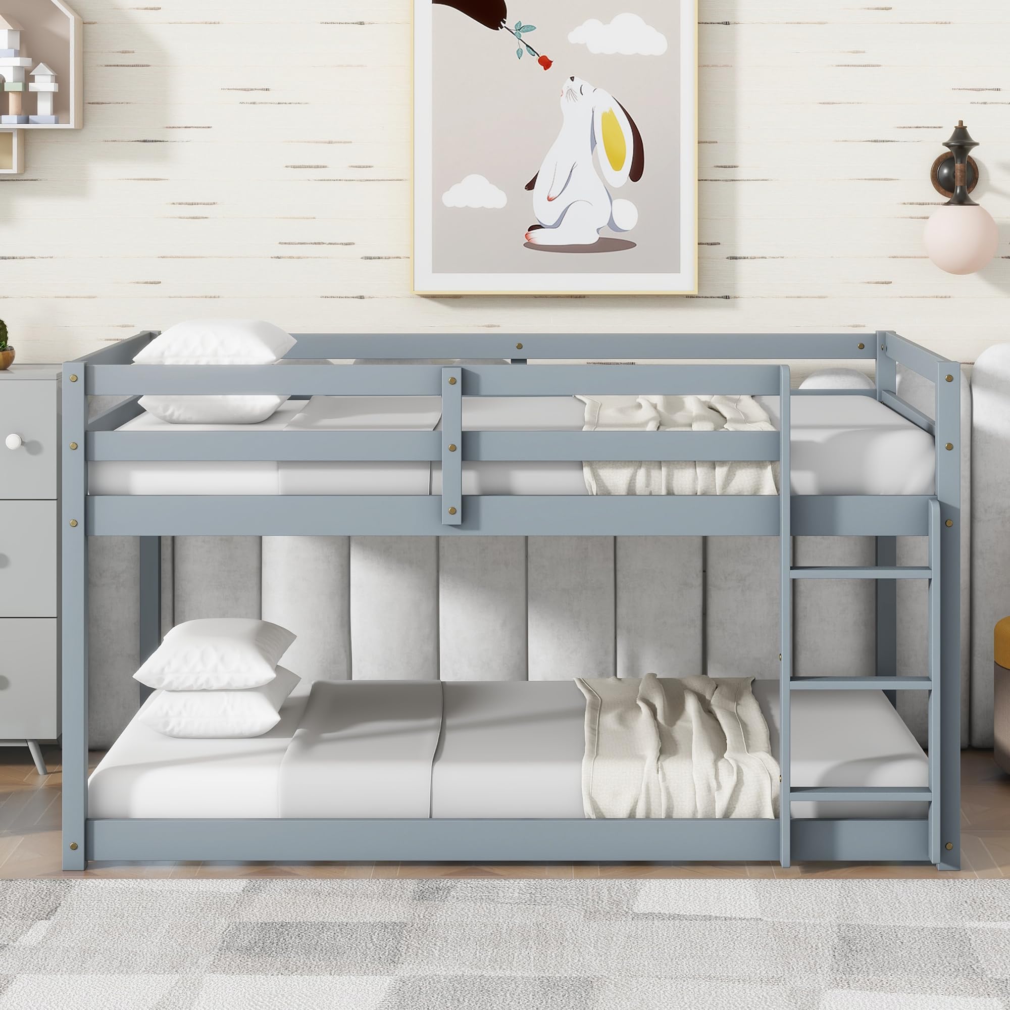 Ball & Cast Solid Rubber Wooden Twin Over Twin Bunk Bed with Ladder and Full Length Guardrail,Low Bunkbed w/Slat Support,Bedroom Furniture for Girls Boys,Grey