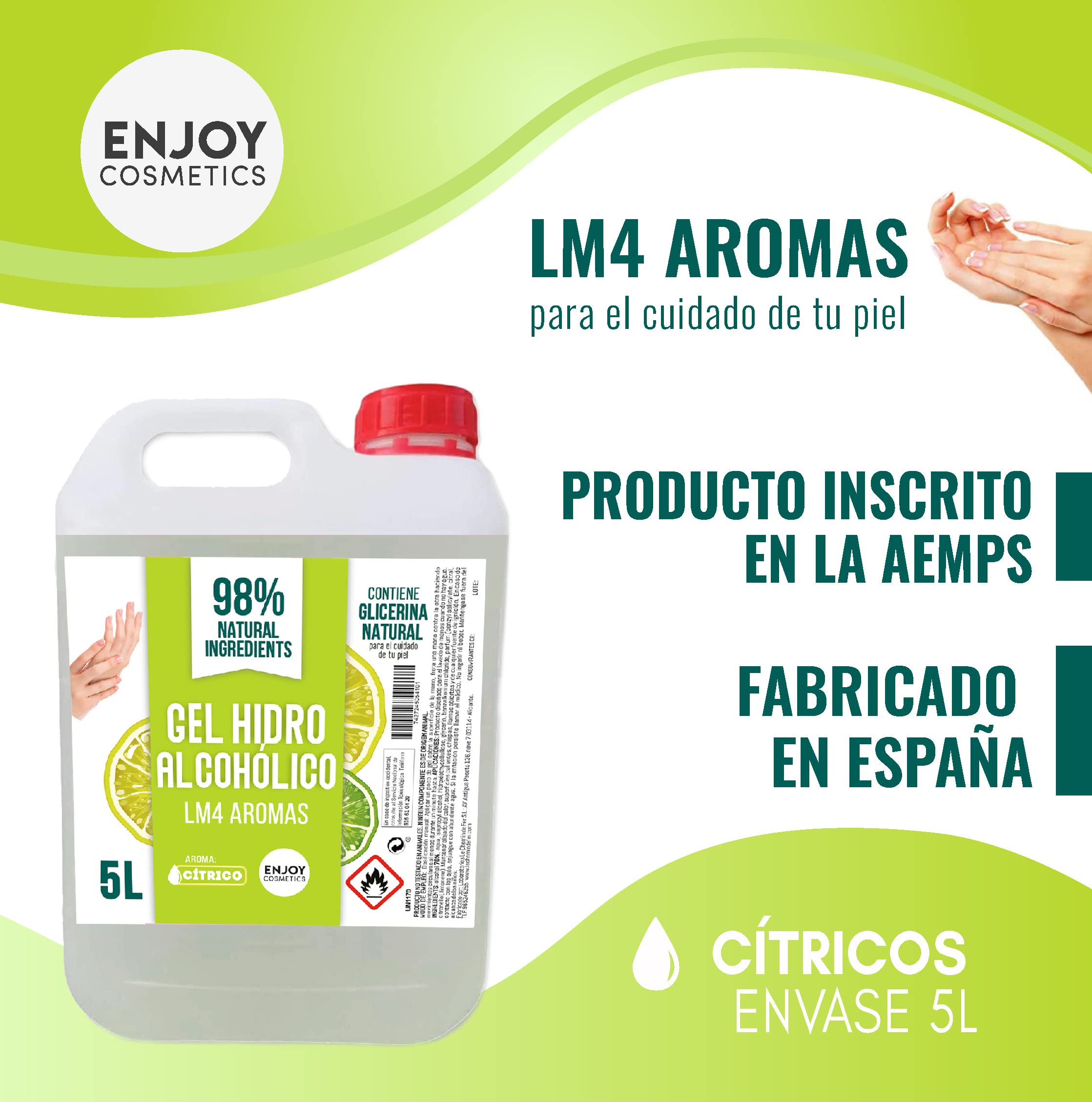 ENJOY COSMETICS - Gel Hidroalcohólico Aroma a Cítrico 5L | 70% Alcohol | Con Glicerina Natural | Para el Cuidado de la Piel | 98% Ingredientes Naturales | Ideal para Casa y Comercios