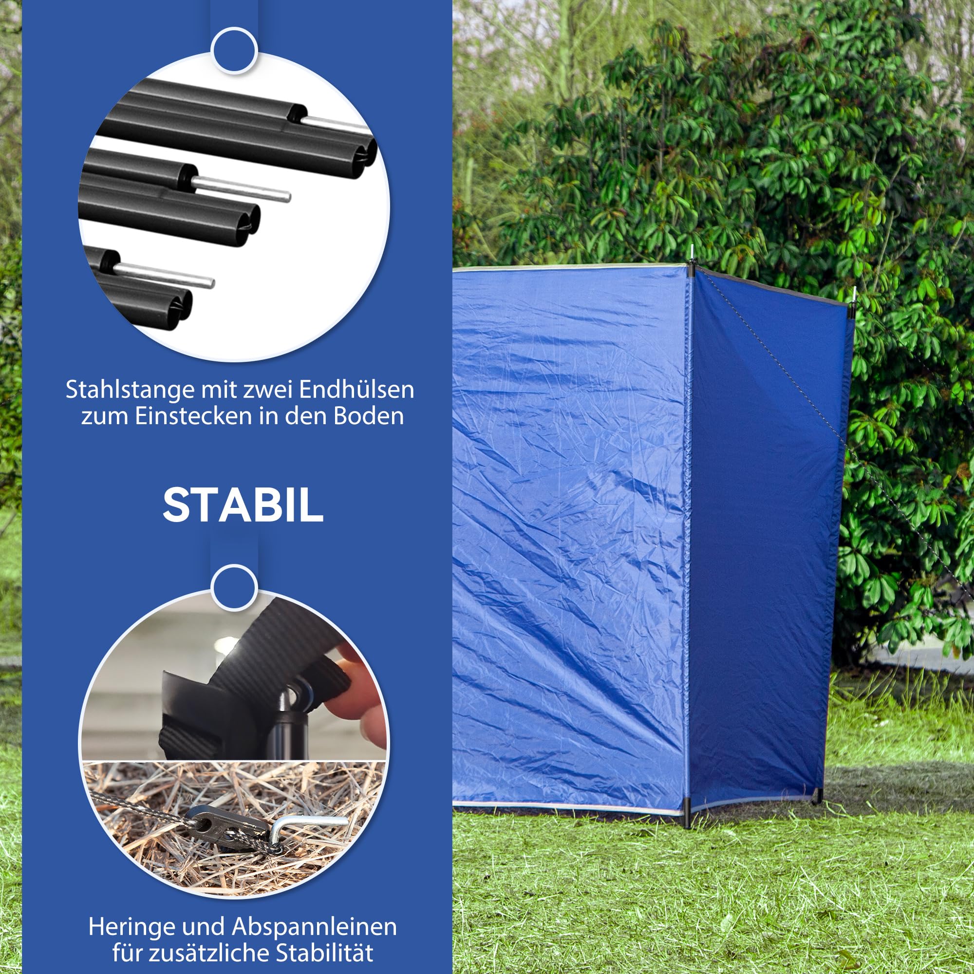 Outsunny Windschutz faltbar Camping Sichtschutz mit Tragetasche Stahlstangen Windfang Zaun Strandwindschutz Strandschutz für Camping Garten, Strand, Terrasse 450 x 150 cm Blau