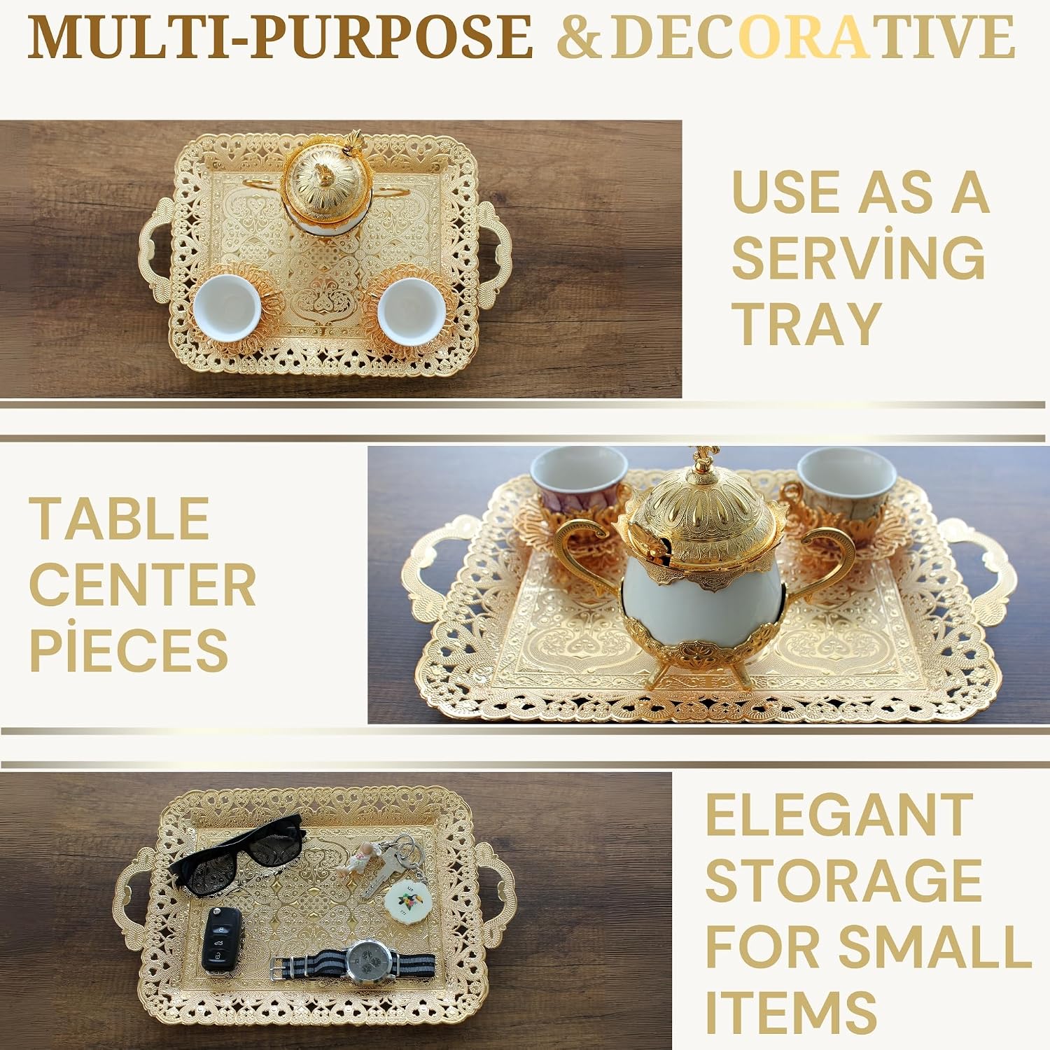 Turkish Vintage Style Entertaining Tray - |15.4” x 10.2”Multi-Purpose, Non-Tarnishing, Zamak Alloy, Decorative Ottoman Style - Rectangular Serving Tray for Coffee & Beverages (Gold)