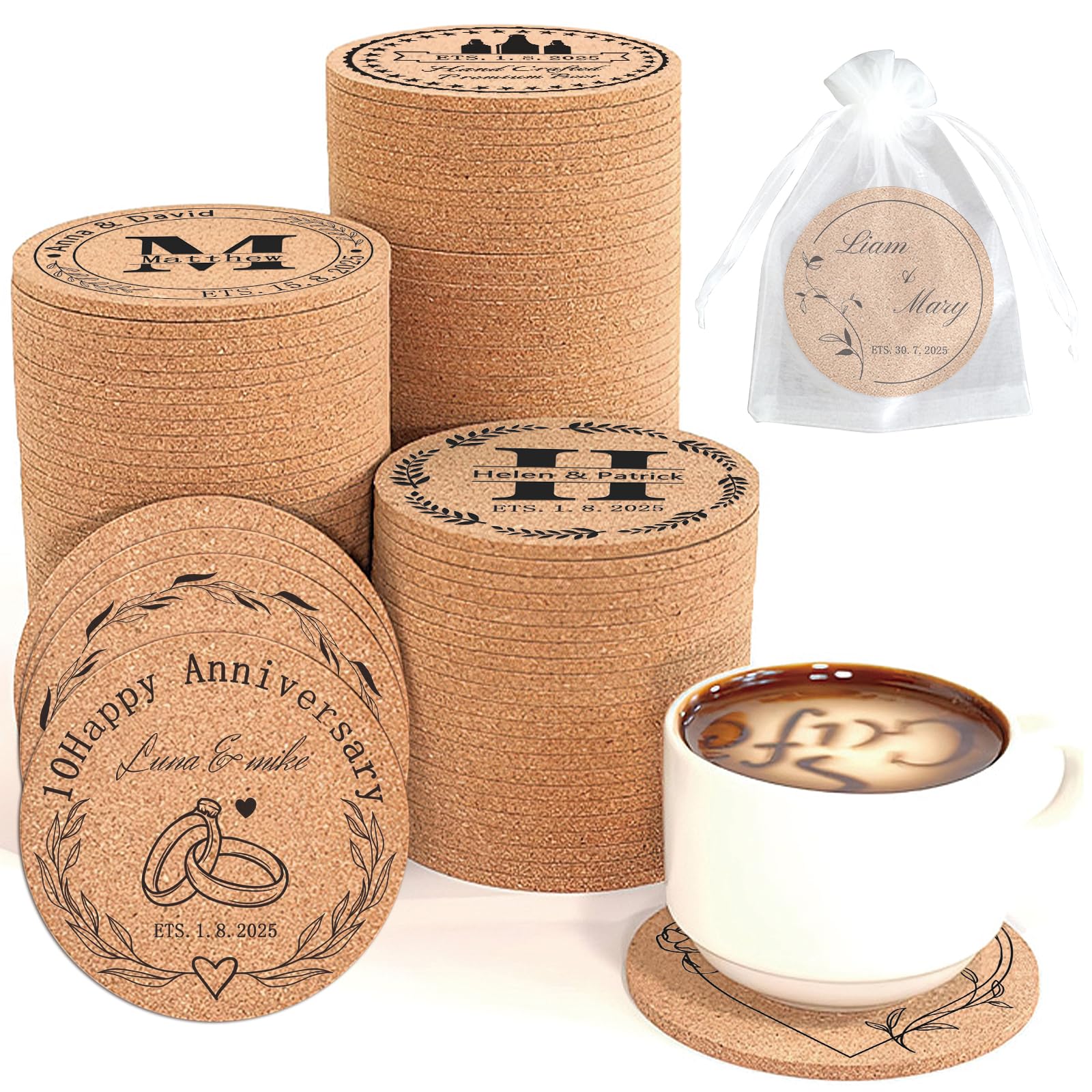 Fxinxi Cork Coasters Custom Bulk With Logo Wedding Personalized Natural Wood Engraved Drink For Wedding Favors