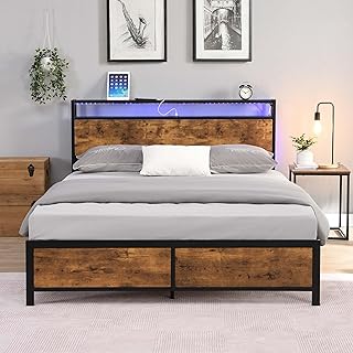 Modern Industrial Bed Frame with LED Lights, Industrial Metal Platform &...