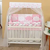 Kit Mini Berço Chuvinha de Amor 13 Peças Protetor e Saia de Berço Rosa e Branco