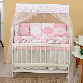 Kit Mini Berço Chuvinha de Amor 13 Peças Protetor e Saia de Berço Rosa e Branco
