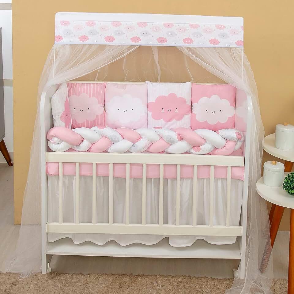 Kit Mini Berço Chuvinha de Amor 13 Peças Protetor e Saia de Berço Rosa e Branco