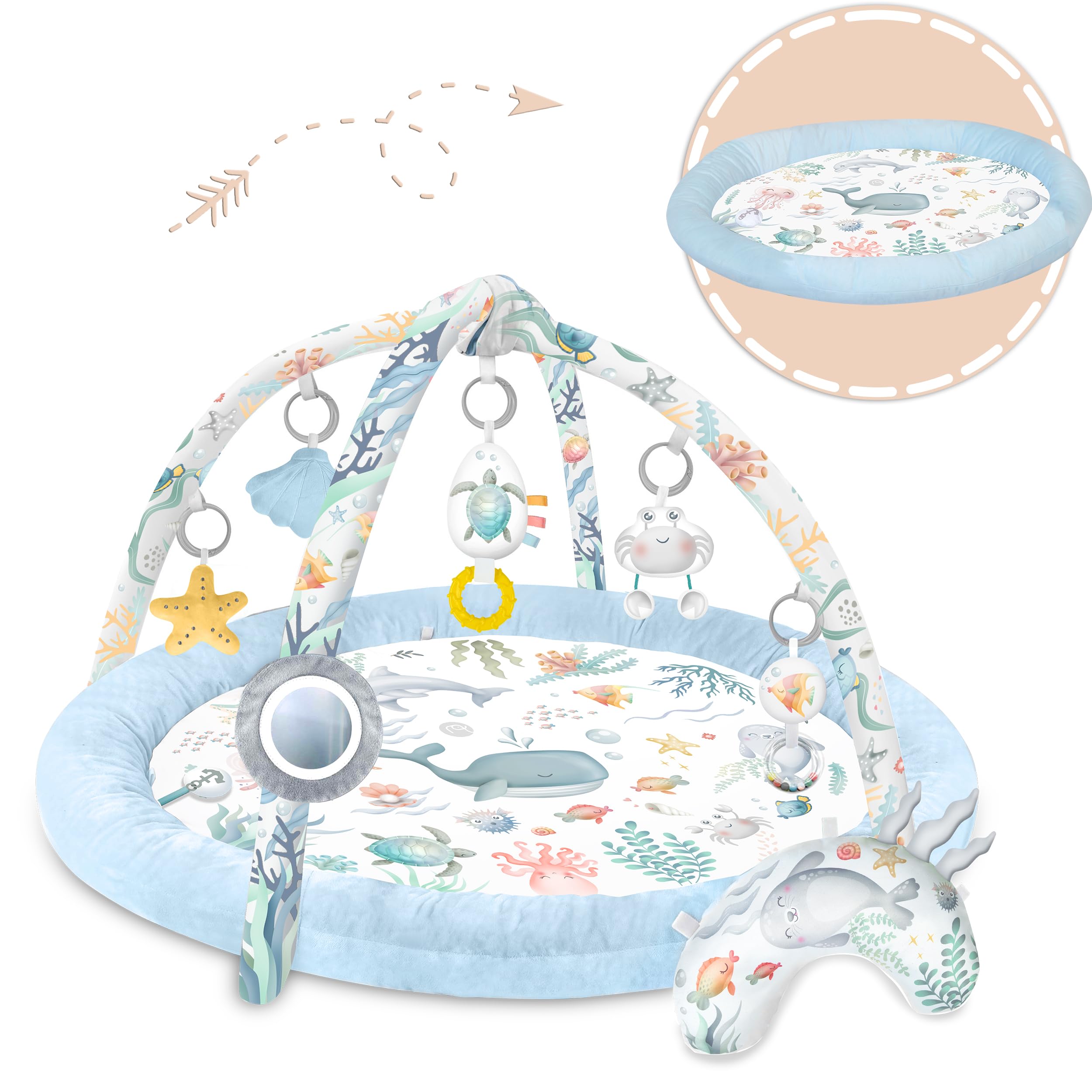 Nukido Gimansio De Actividades para Bebé Evolitivo Alfombra De Juegos con Arcos Extraíbles 7 Juguetes Multifuncionales Almohada Suave Desarrollo Sensorial Coordinación Mano-Ojo Plegable Azul Ocean