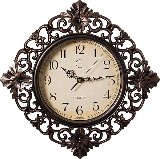 Clockswise 11 Classic Round Decorative Hanging Wall Clock with Ornate Floral Scroll Frame in Vintage Distressed Finish for Home Entryway Living Room Bedroom Kitchen Office Hotel & Restaurant, Brown