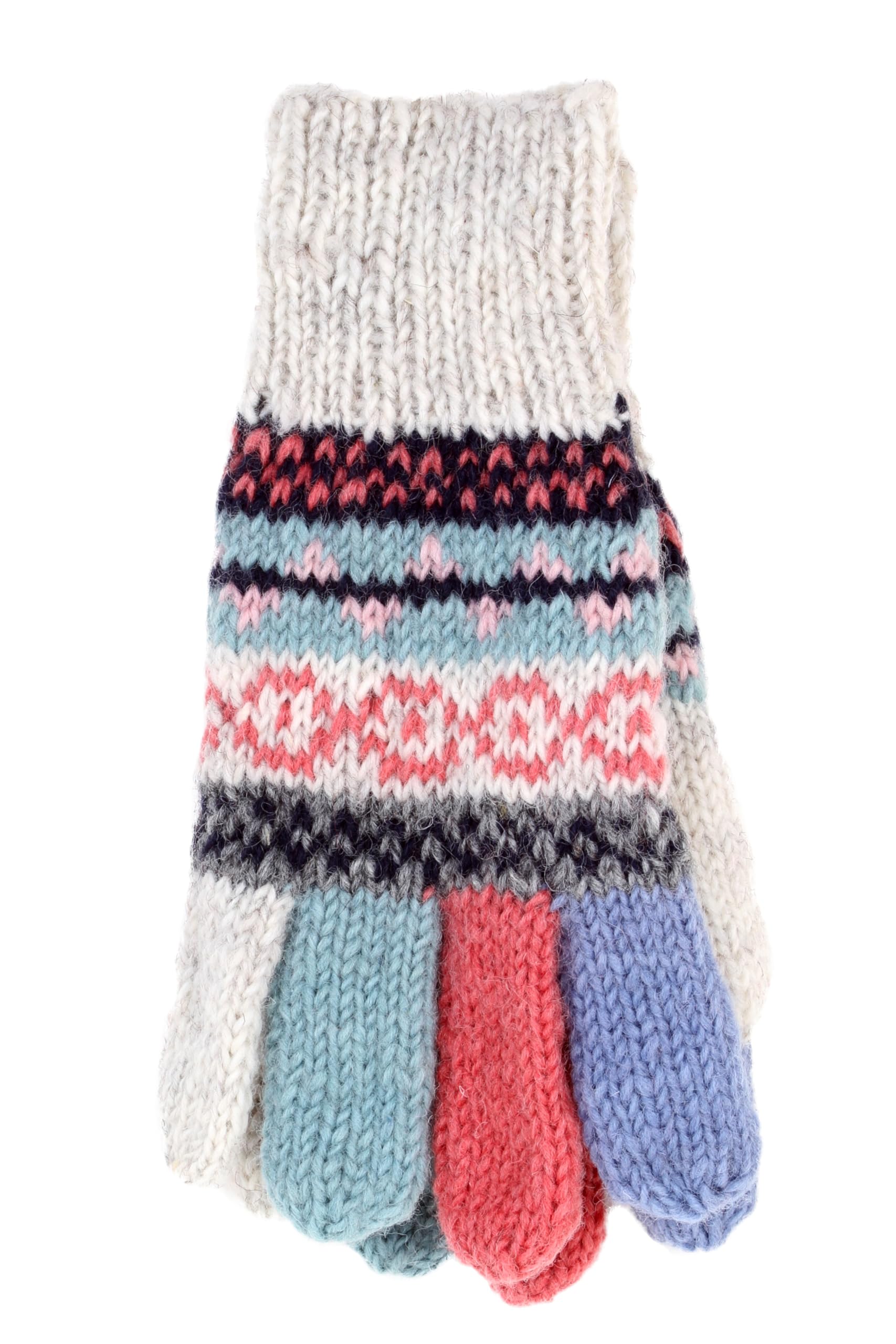 Pachamama Women Wool Gloves Handknitted Fair Isle Colours One-Size Handmade Extra Warm Fair Trade (Wool, Oatmeal)