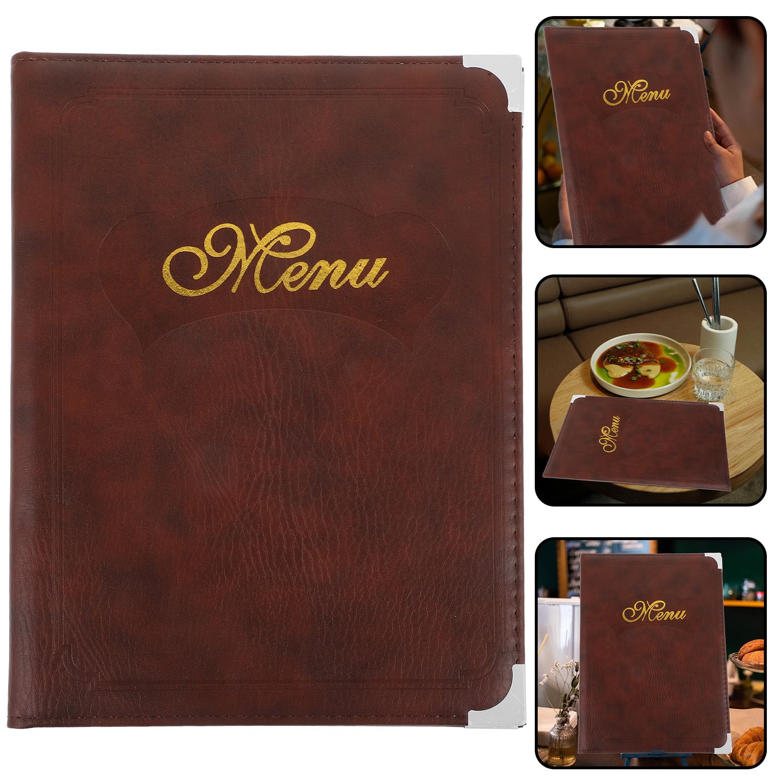 TOYANDONA Portamenús Multifuncional de A4 Cubierta de Cuero Artificial Color Café, Libro Práctico Hojas de Pvc Transparente, Carpeta para Menú de Restaurante y Hotel, Soporte Resistente