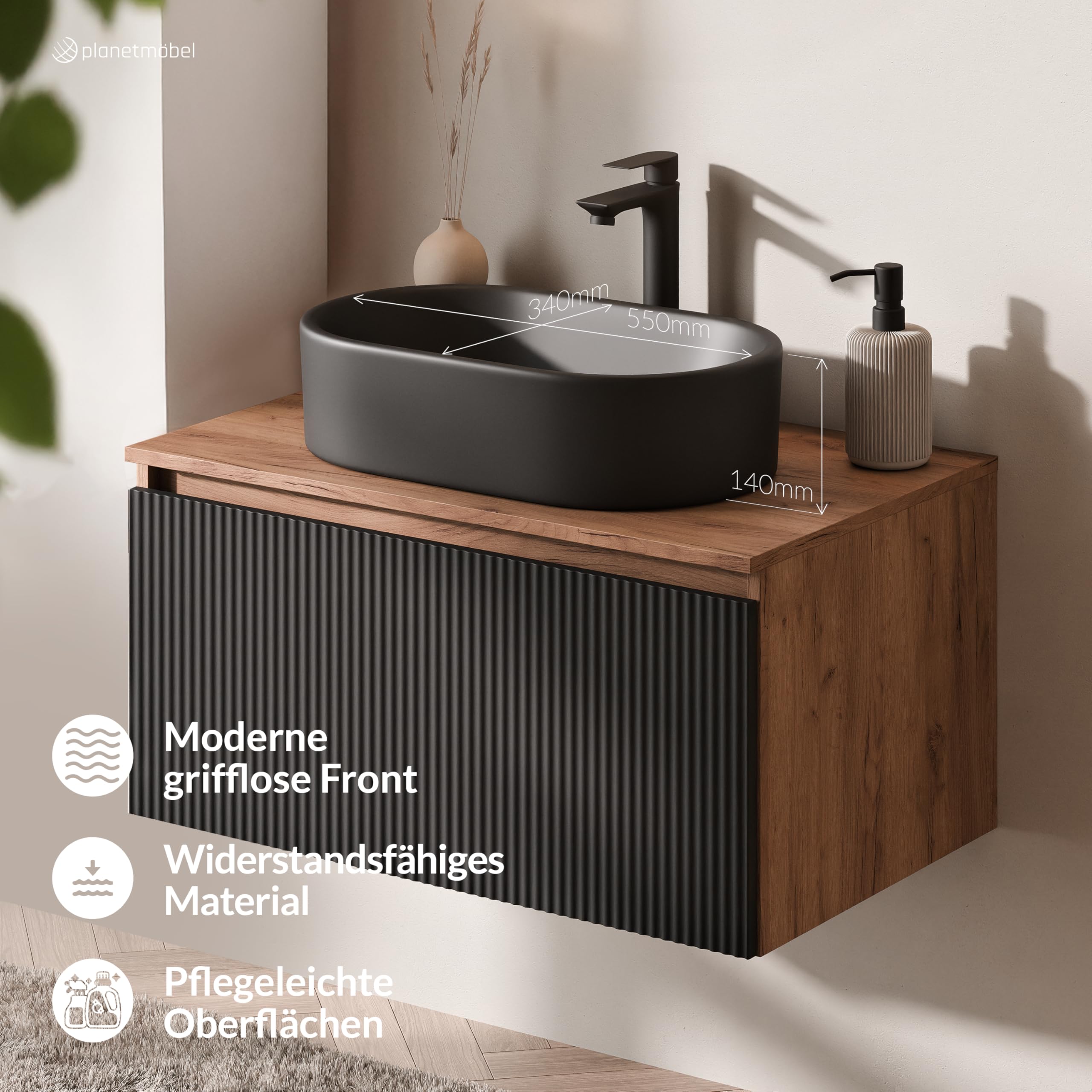 Planetmöbel Arisa Set di mobili da bagno Lavabo con mobiletto sottostante 80 cm Rovere dorato nero (scanalato) con specchio LED, Lavandino 55 cm nero, incl. Sifone salvaspazio