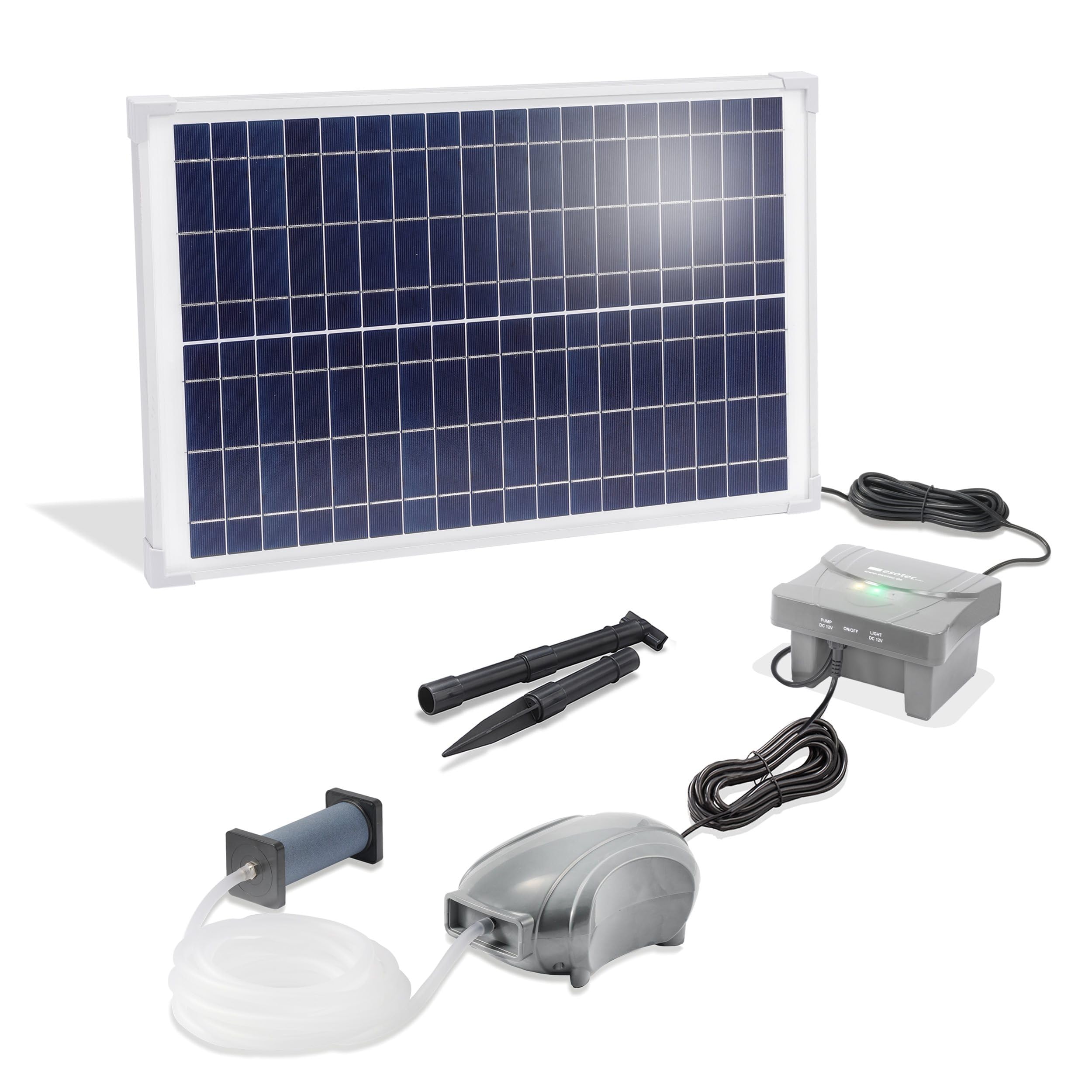 Esotec Solar Teichbelüfter Set 25/600, LiFePO4 Akku, 12,8V/DC Sauerstoffpumpe, 600 l/h Luftleistung, Gartenteich Luftpumpe, Teichbelüftung, Solarpanel 25W, Erdspieß 101876