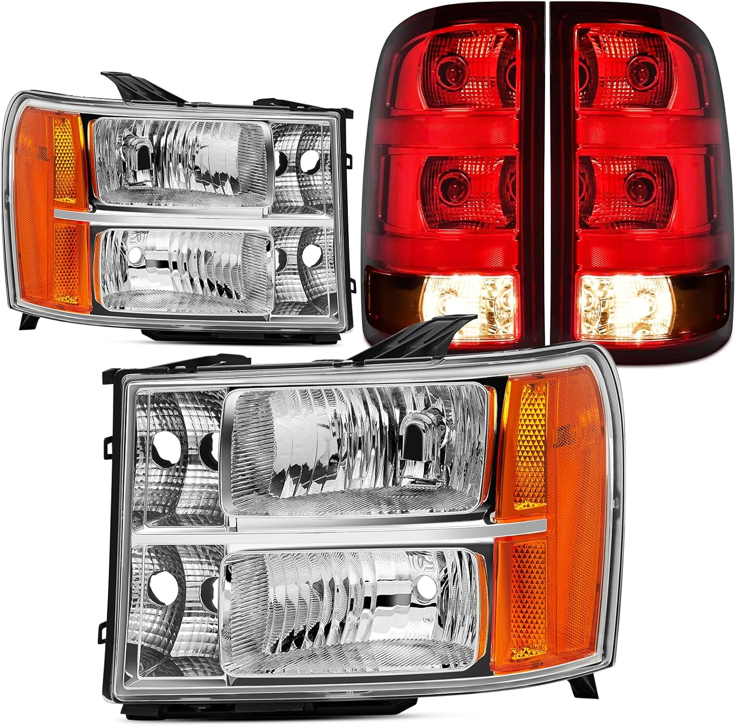 Headlight Taillight Combo Compatible with 2007-2013 GMC Sierra 1500/2007-2014 Sierra 2500HD 3500HD, Replacement Chrome W/Amber Headlamp OE Style Brake Lamps