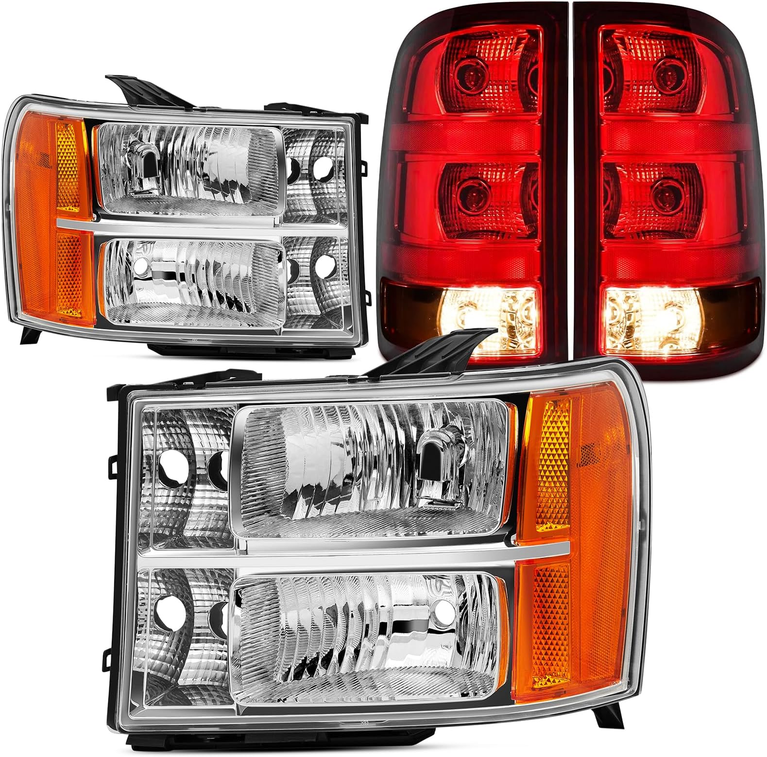 Headlight Taillight Combo Compatible with 2007-2013 GMC Sierra 1500/2007-2014 Sierra 2500HD 3500HD, Replacement Chrome W/Amber Headlamp OE Style Brake Lamps